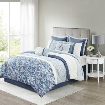 Édredon 8 très grand lit, imprimé bleu avec broderie, rembourrage, 1 coussin, 8 pièces lavables pour lit, imprimé, carré