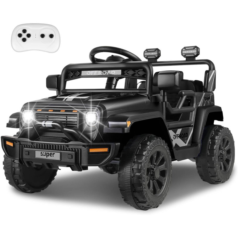 Alex Kids 12V Electric Ride On Car SUV Truck with Remote Control, Light, Music, Safety Belt, Spring Suspension, Black, Black