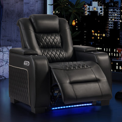38" Wide Modern Faux Leather Electric Recliner Home Theater Seating With Power Headrest, LED Base Lighting, Cup Holders & USB Charging