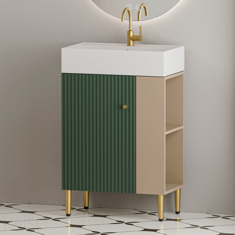 Meuble-lavabo 21,6 po avec lavabo en céramique et porte à fermeture en douceur, armoire de rangement pour vestiaire sur le côté droit, assemblage requis, finition verte.