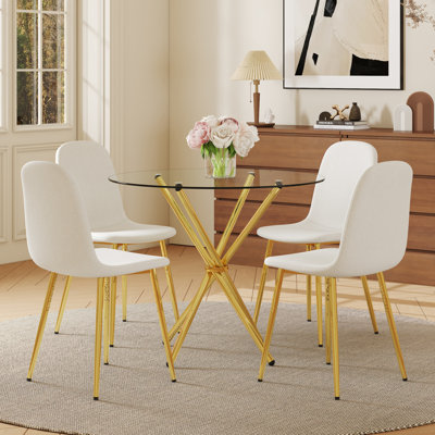Ensemble de salle à manger 4 pièces avec table ronde en verre trempé de 36,6 po et chaises blanc-doré - Style moderne et luxueux pour le salon et la cuisine. Convient à divers styles de décoration intérieure.