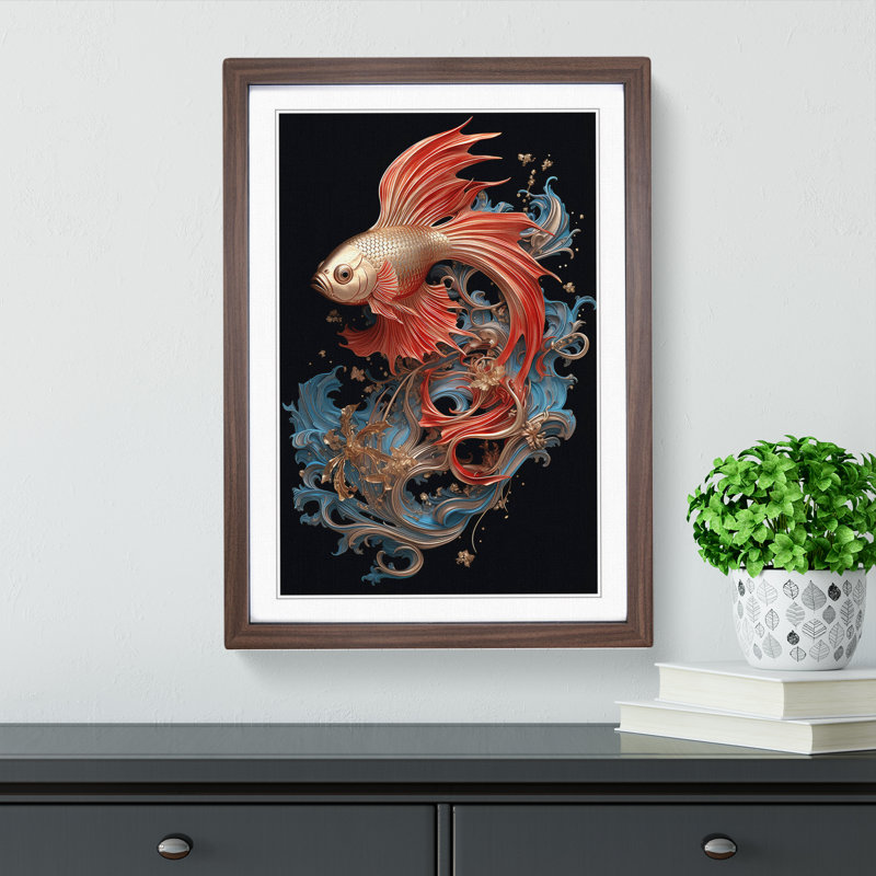 Siamese Fighting Fish Nouveau No.2 - Framed Print, Walnut , 46cm H x 34cm W x 2cm D