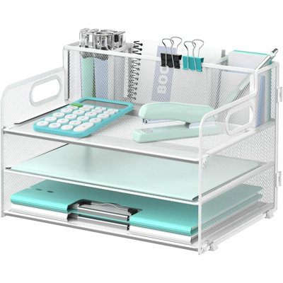 Organisateur de bureau à 3 niveaux avec poignée et 3 porte-stylos