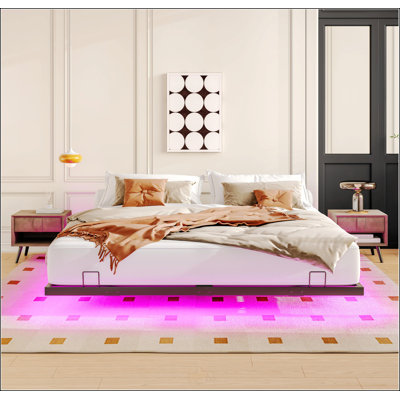 Structure de lit flottant pour grand lit avec lumières DEL, plateforme en métal, stable et silencieuse, aucun sommier requis, facile à assembler