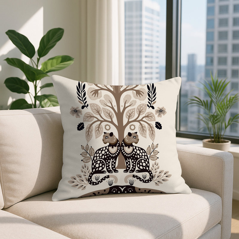 Oreiller carré réversible intérieur / extérieur Zim Leopard, Carré 15 po, Beige
