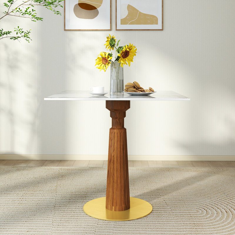 Table de salle à manger moderne carrée, table en pierre frittée de 33,5 po avec pieds en bois et base dorée, table de cuisine pour 2 personnes pour un petit espace, capacité de poids de 150 lb (seulement la table de Négociation), table