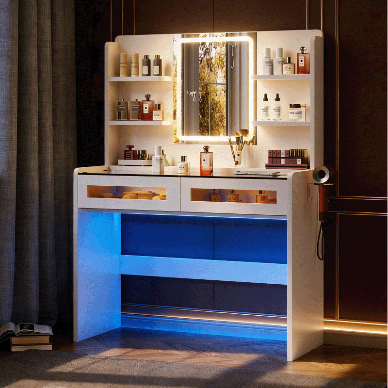 Meuble-lavabo 31,49 "avec miroir intelligent à DEL et station de charge, plateau transparent avec 2 tiroirs RVB, 4 tablettes, 3 modes d'éclairage et luminosité réglable, coiffeuse de chambre moderne - blanc