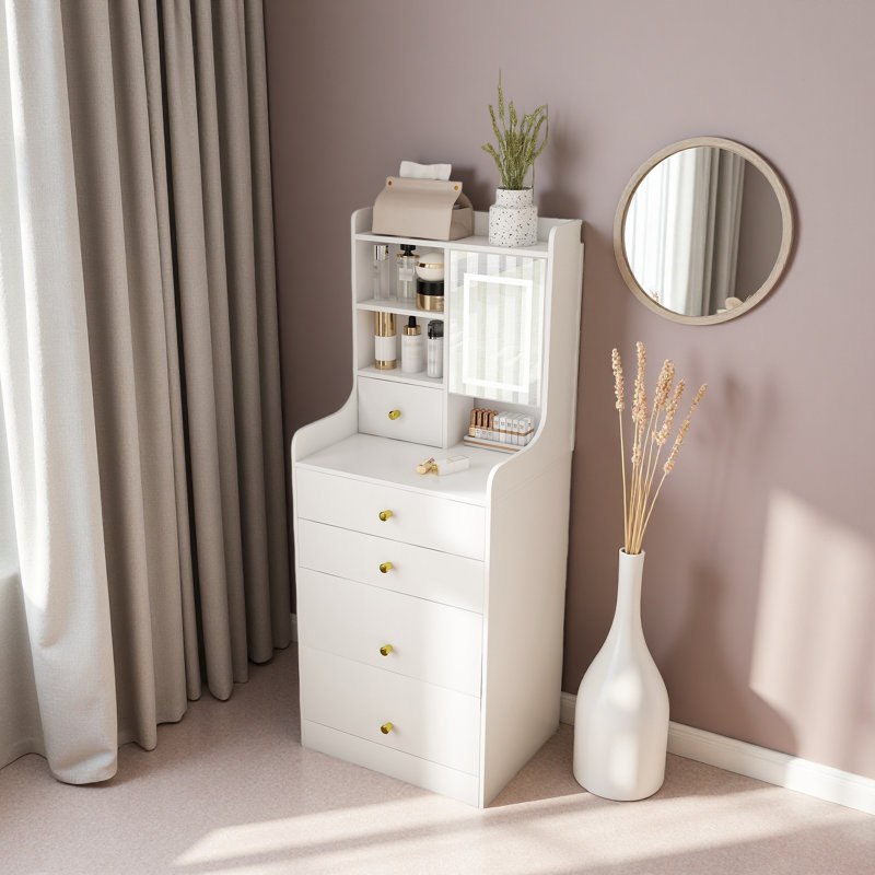 Coiffeuse 3 en 1 avec miroir à DEL et tabouret de rangement - coiffeuse de maquillage compacte avec 4 tiroirs, armoire de rangement et tabouret caché, panneau de densité blanc, bibliothèque ouverte pour l'organisation de la chambre à coucher