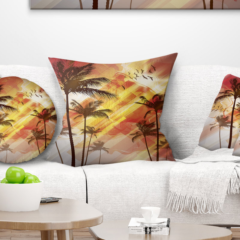 Palmier au coucher du soleil - coussin à imprimé paysage, 16 po x 1 po, Coussin décoratif