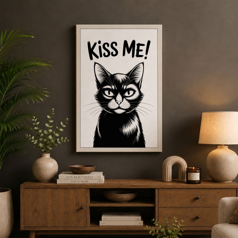 Kiss Me Cat Modern - Wrapped Canvas, 30x20 - 76.2 x 50.8 cm, Sage Border