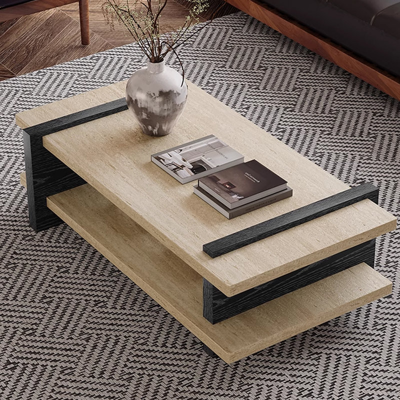 Table basse en travertin Wabi-sabi, H 14,56 po x L 47,24 po x l 23,62 po, Noir