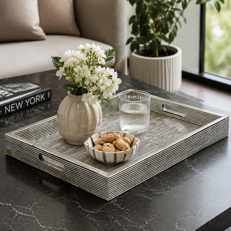 Plateau de service décoratif noir et blanc fait à la main 13,5 pi x 18 po, H 2,25 po x l 18 po x P 13,5 po