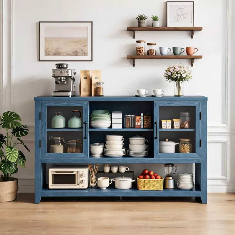 53" Sideboard Buffet Cabinet with 2 Glass Doors, Farmhouse Coffee Table Storage with Open Shelves, for Living Room, Kitchen, Dining, Entryway, Blue
