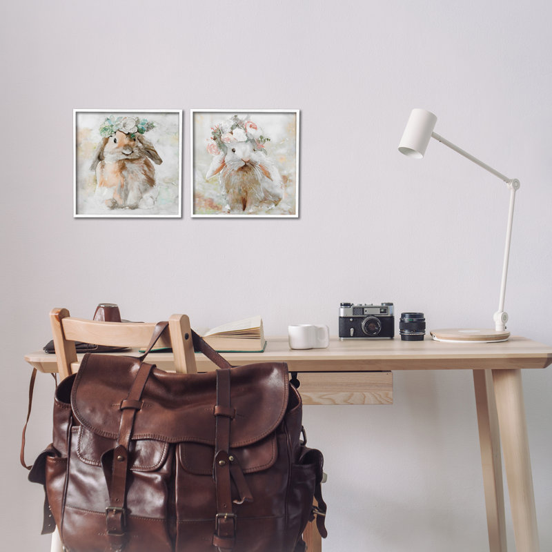 «Soft Spring Floral Bunnies», ensemble de 2 giclées par Steller Design Studio, Cadre blanc, H 12 po x l 12 po