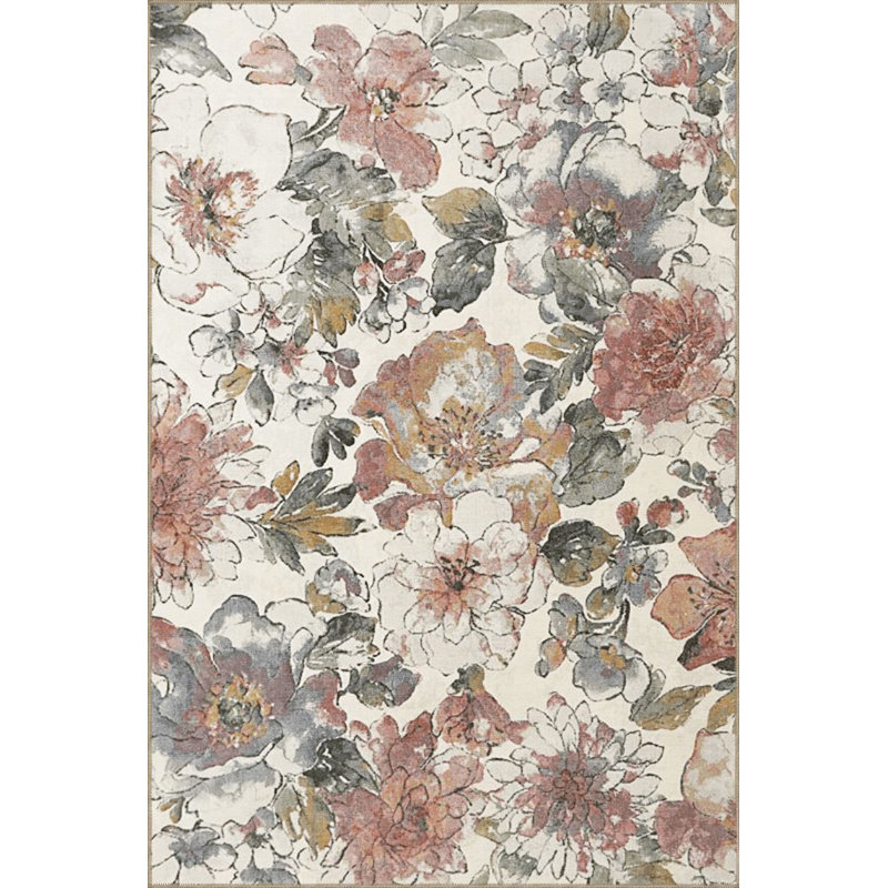 Tapis décoratif lavable à la machine à motif floral à motif floral rose et beige, Tapis de couloir 3 pi 3 po x 9 pi 10 po