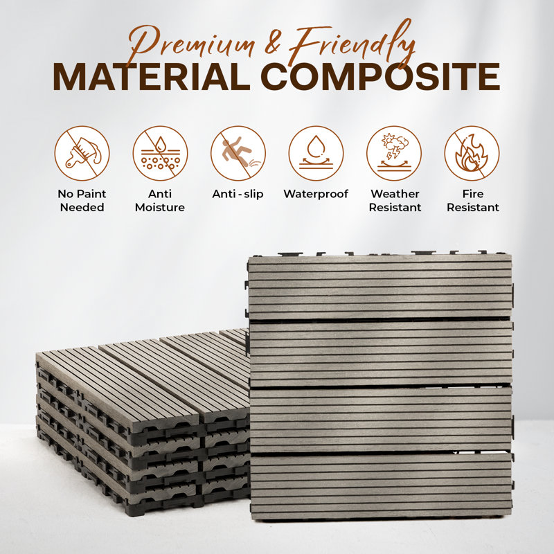 12'' L x 1'' W Composite Interlocking Deck Tile 2 colors (10 pcs), Gray