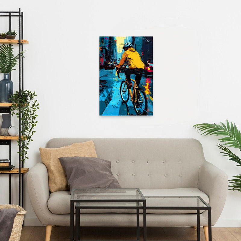 «Rainy City Cyclist Abstract Contemporary City», reproduction d'art mural, H 24 po x l 16 po