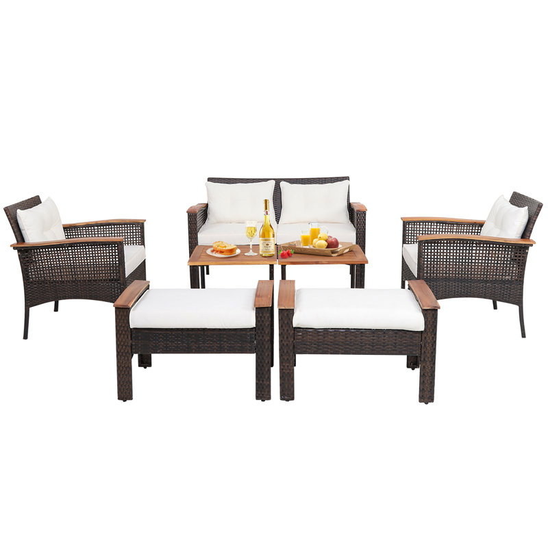 Gymax Acacia Wicker 6 - Person Patio Conversation Set with Cushions