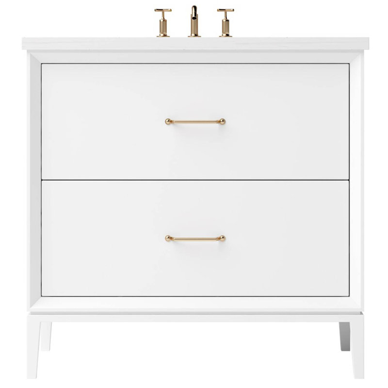 Meuble-lavabo simple à deux tiroirs Alexandra, Blanc pur, Or satiné, 30"