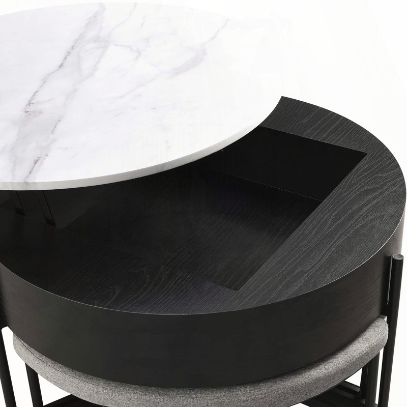 Ensemble de tables basses rondes à plateau relevable avec 3 repose-pieds - blanc et noir