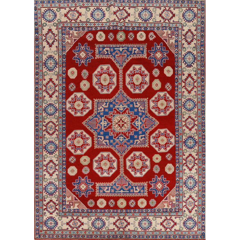 Tapis oriental rouge en laine à motif géométrique Kazak 8 x 13