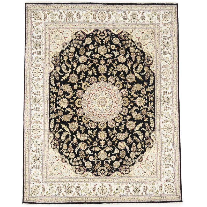 Tapis noir traditionnel indien à motif floral noir 8 x 10, Rectangulaire 8 pi x 10 pi