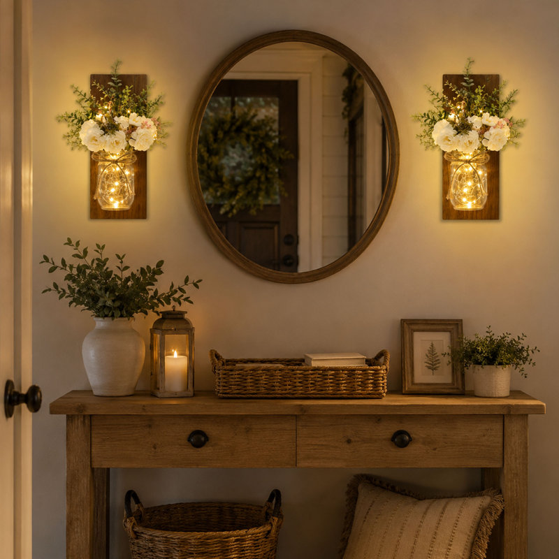 Ensemble de 2 appliques murales en pot Mason rustique, guirlandes lumineuses à DEL et décorations de pivoines