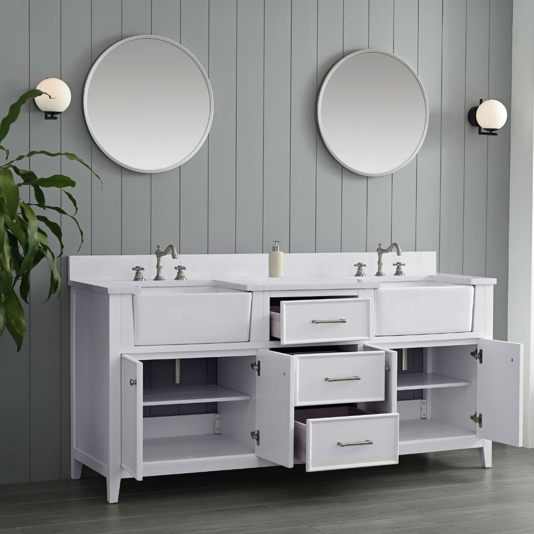 Aisa 72" Pine Double Bathroom Vanity, White/Brushed Nickel