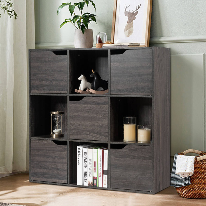 Bibliothèque avec 9 cubes et bibliothèque en bois, Bois gris