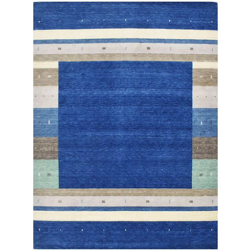 Tapis rectangulaire en laine noué à la main en bleu / beige / blanc, Rectangle 9 pi x 12 po