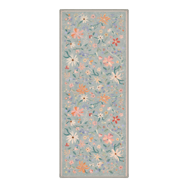 Abrahamson Wild Bloom Floral Machine Washable Blue / Green Indoor Area Rug with Non-Slip Backing, Runner 2' x 6'