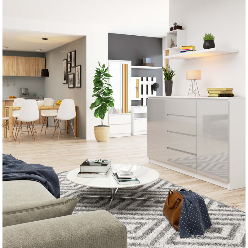 Conan 160 cm W Chest of 4 Drawers, White/Metallic Gloss