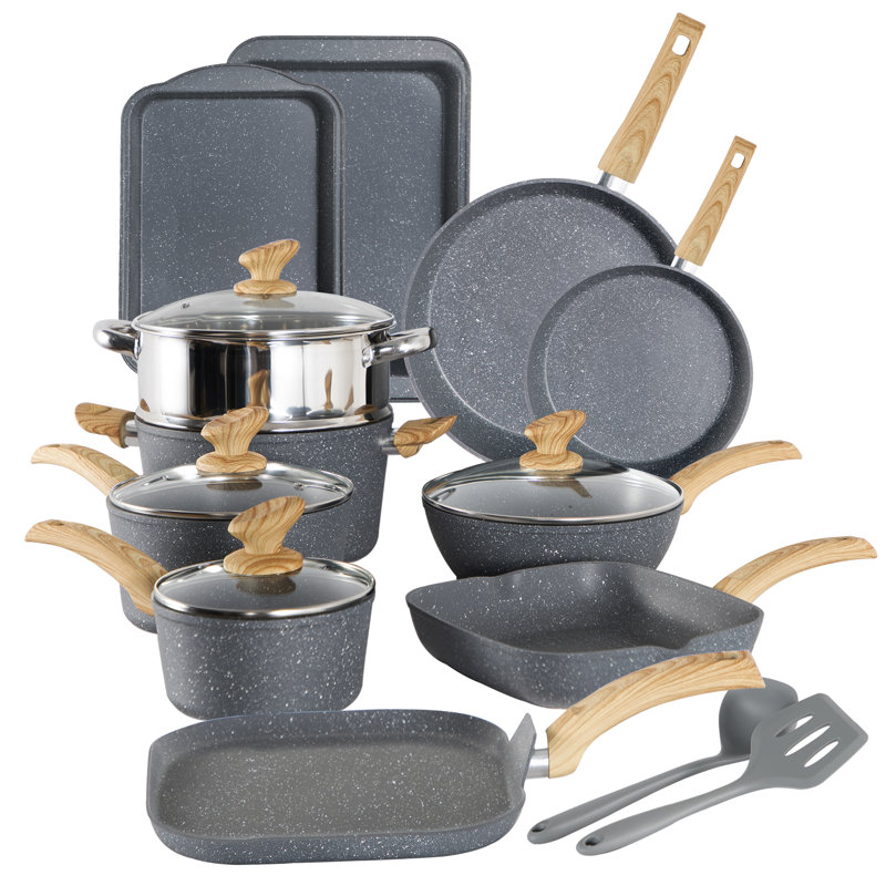 17 - Piece Non-Stick Aluminum Cookware Set, Grey/Natural