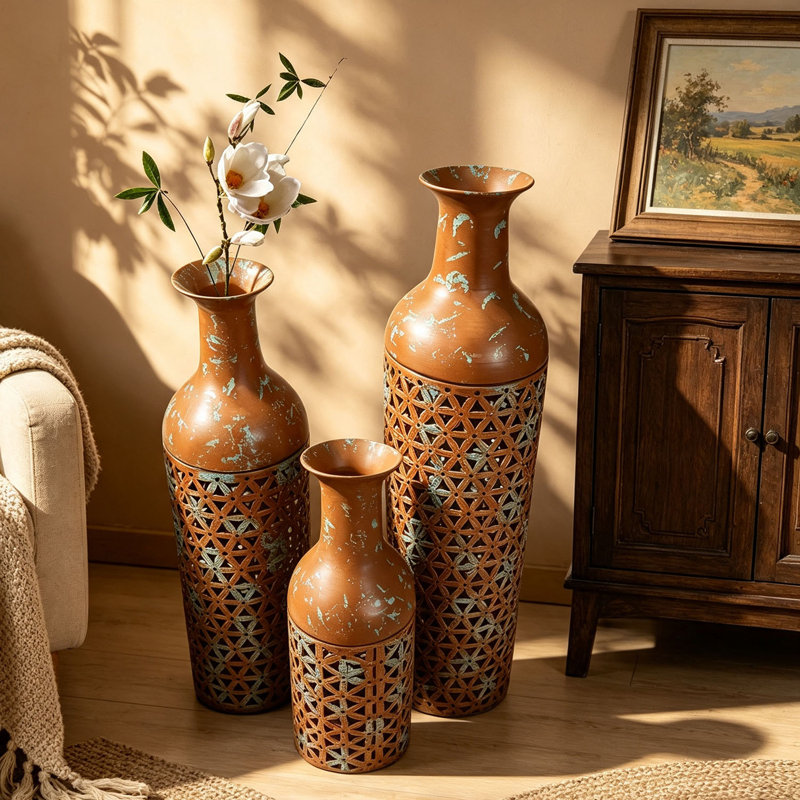 Ensemble de 3 grands vases de plancher en métal texturé - Vases à fleurs décoratifs modernes pour le salon (27,6, 22,8, 17,4 pouces)