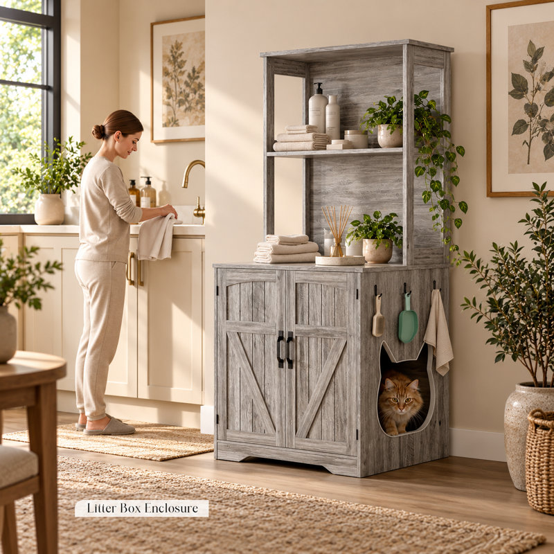 Enceinte de litière pour chat avec station de charge, armoire à litière cachée pour chat avec prise de courant, ports USB et Type-C, tablettes de rangement, grand mobilier d'intérieur pour chat, gris rustique