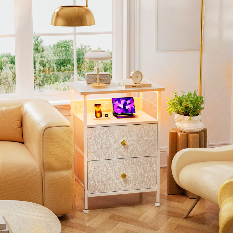 White LED Nightstand with 3 Drawers and Charging Station