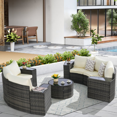 Collection de patio 11 demi-lune - avec table en verre trempé, grands coussins, protégé, mobilier d'extérieur rond délavé à la machine, hydrofuge, espace de loisirs