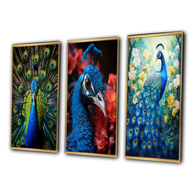 «Teal Radiant Peacock», 3 pièces sur toile