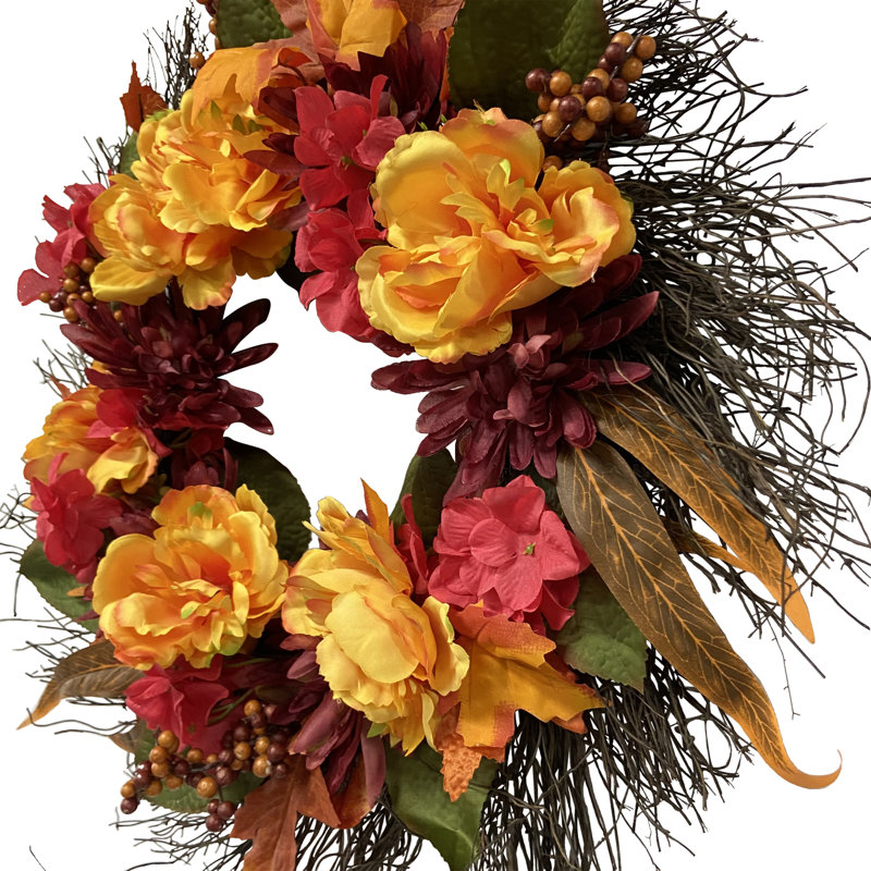 24" Autumn Harvest Artificial Floral Wreath with Feather Accents