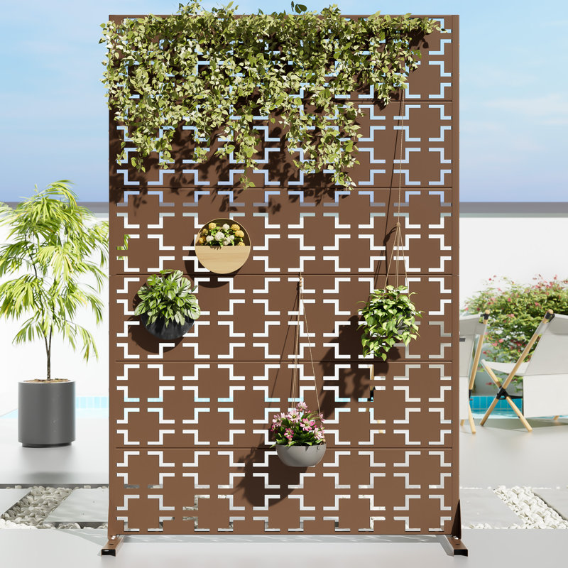Metal Privacy Screen Fence Panel Square Pattern, Brown, 182.9cm H x 119.4cm W x 40.6cm D