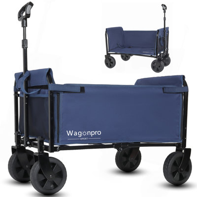 Chariot tout-en-un convertible pliant à 4 roues avec siège et laisse pour chien - Chariot utilitaire pliable robuste pour le camping, la plage, le magasinage - Siège polyvalent et espace de rangement, bleu foncé