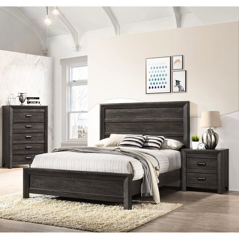 Grand lit en bois rustique, finition grise contemporaine, lit uni et structure en gris, style pour une chambre confortable