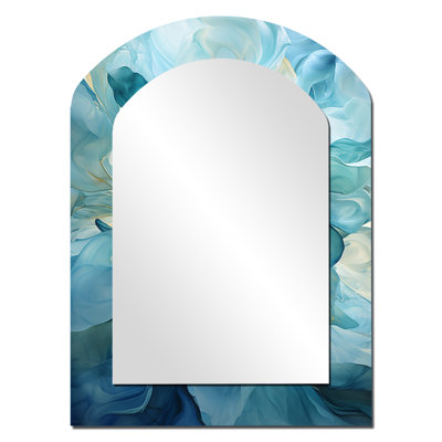 Aqua Blue And White Serenity Swirl IV - Abstract Spirals Arch Large Wall Mirror, Modern Asymmetrical Unique Mirror, Printed Metal Art