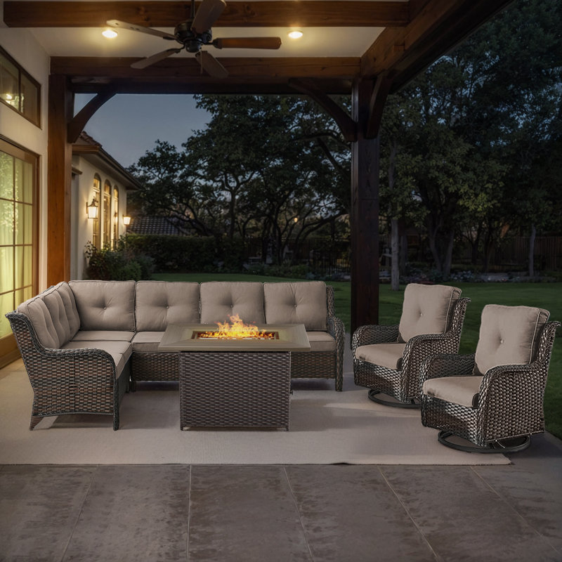 Dahlyla 8- Person Outdoor PE Wicker Sectional Seating Group with Fire Pit Table and Cushions, Brown, Gray