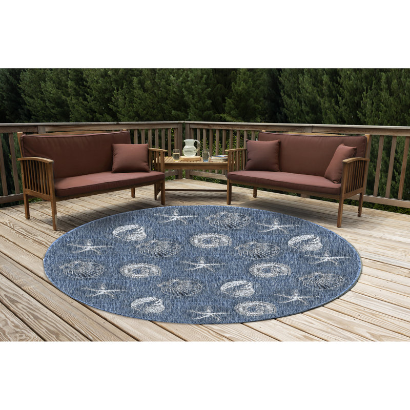 Tapis intérieur / extérieur bleu / blanc Saldanha, Rond 7 pi 10 po