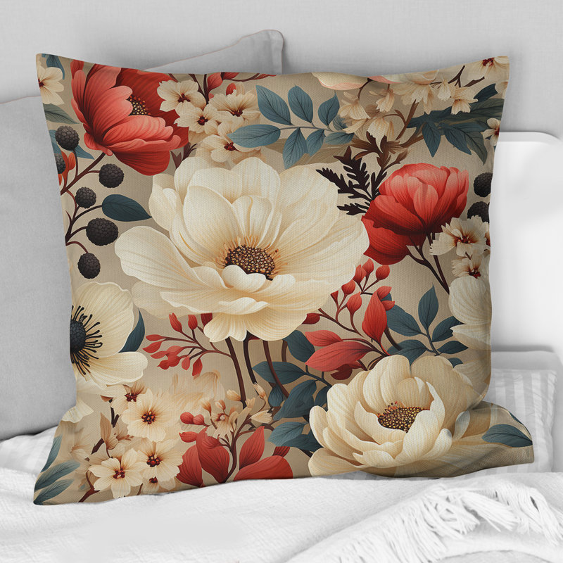 Vintage White Boho Floral Garden Delights I - Floral Printed Throw Pillow, 16" H x 16" W