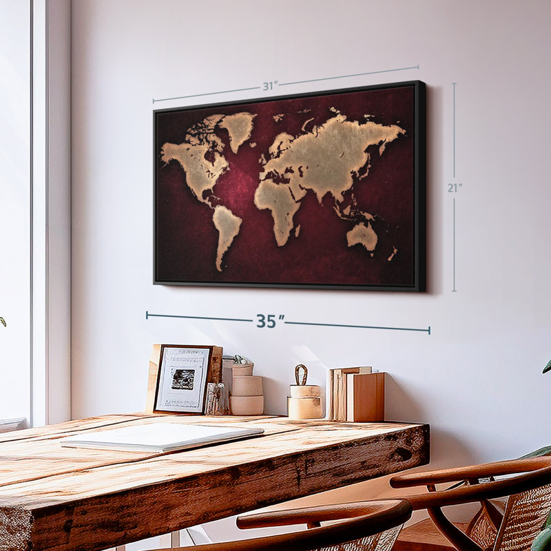 «Maroon World Map Wall Art», H 21 po x l 31 po