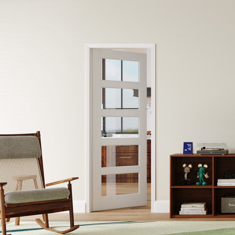 Dalle de porte 5 pièces en verre transparent fabriquée en bois blanc apprêté avec dalle de porte intérieure (sans charnière et quincaillerie d'installation / poignées)