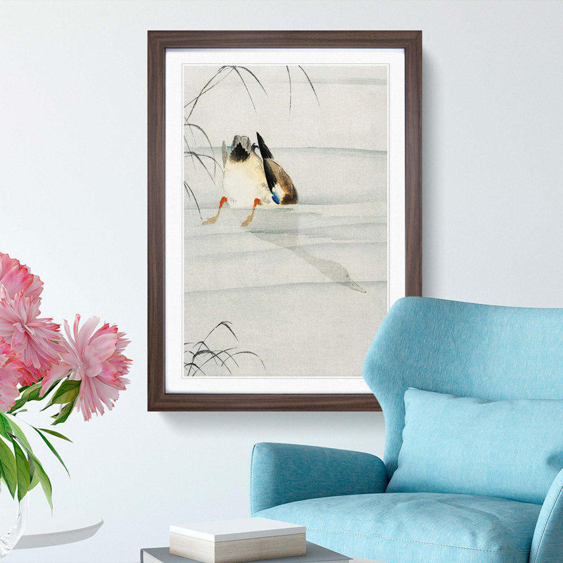 Mallard Duck Under Water by Ohara Koson - Picture Frame Art Print, 36cm H x 27cm W x 2cm D, Walnut Framed