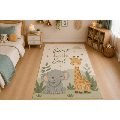 "Ultra Thin" 5' x 7' Sweet Little Soul Safari Area Rug for Kids Room, Bedroom, Living Room and Home Office, Soft Low Pile Carpet with Non-Slip Silicone Backing